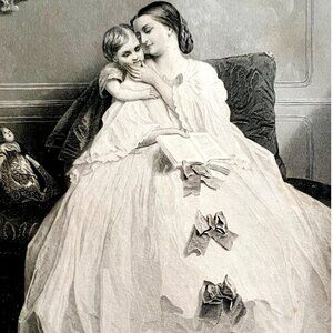 Interrupted Reading Steel Engraving 1859 Victorian Mother Child Doll Art DWY5E